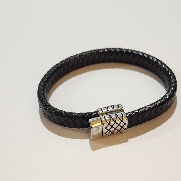 Stainless Steel and Black Leather Bracelet - 8.5 inches - Picture 1 of 3